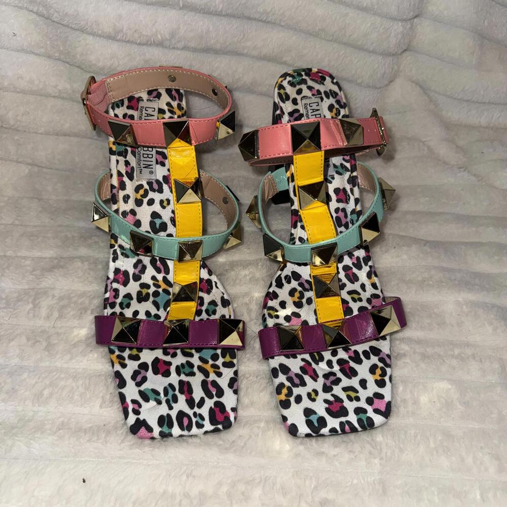 Cape Robbin Leopard Studded Gladiator Sandals 5" Heel Rainbow Strappy Studded 10